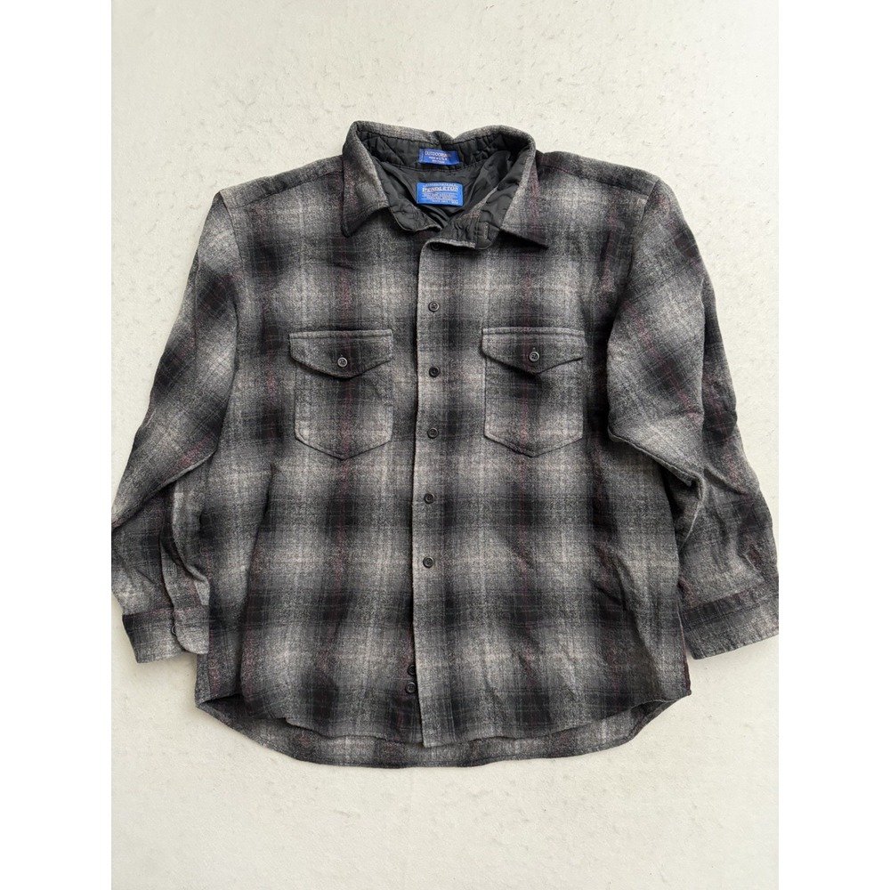 VTG Pendleton‎ Outdoorsman Wool Shirt Black Gray Plaid Ombre Flannel Size 2XL